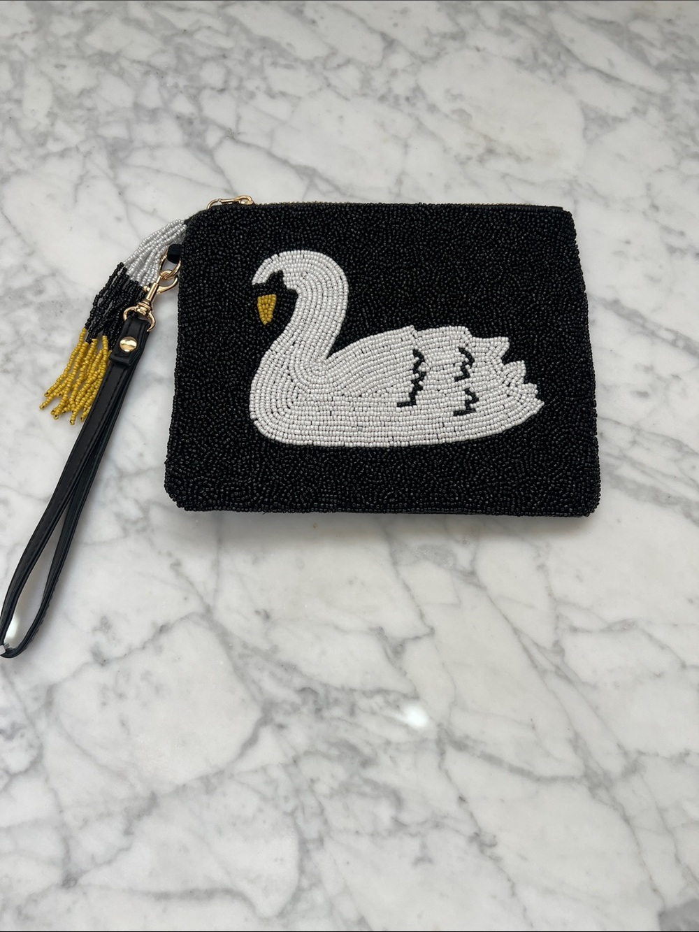 Sincerely Jules Black Beaded Swan Wristlet Clutch - White Swan Detail